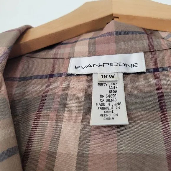Evan Picone 100% Silk Button Front Plaid Shirt Top 16W Green Pink Long Sleeve Po - Picture 3 of 5